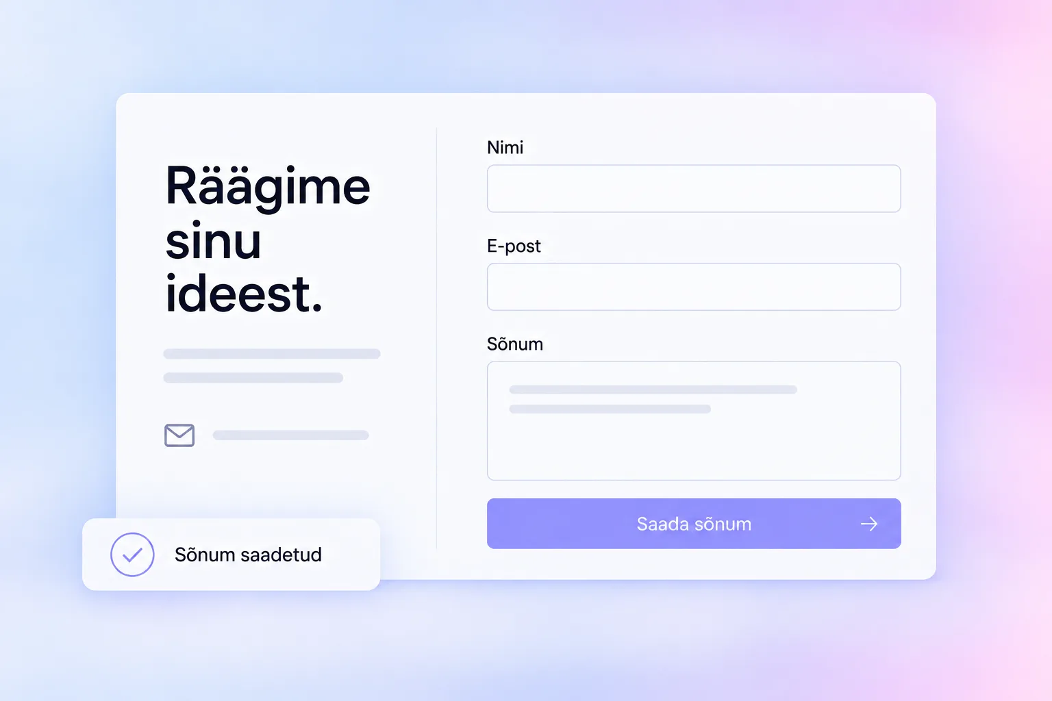 Päringuvorm nime, e-posti ja sõnumi väljade ning saatmise kinnitusega
