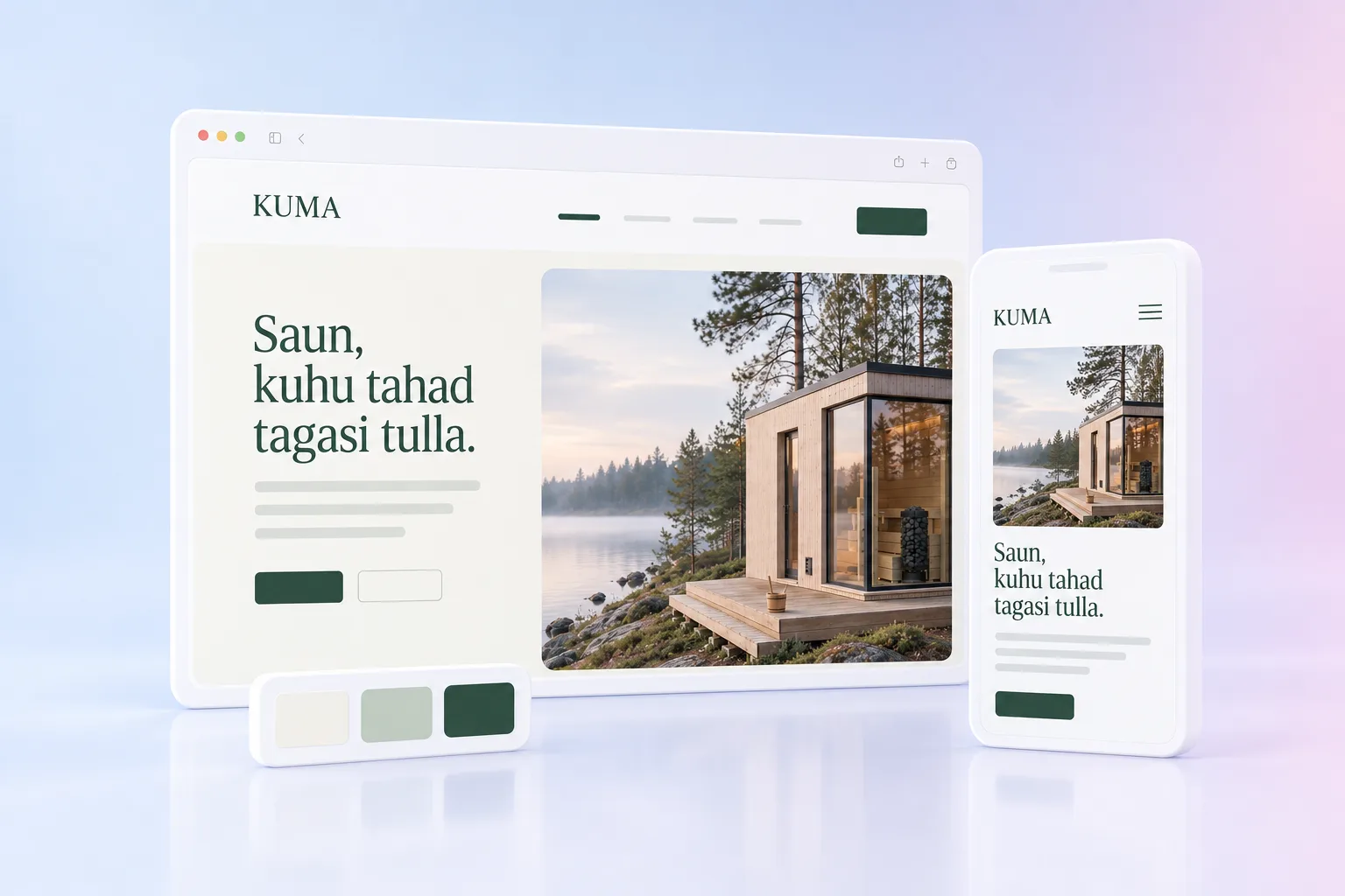 KUMA sauna kodulehe esimene vaade arvutis ja telefonis